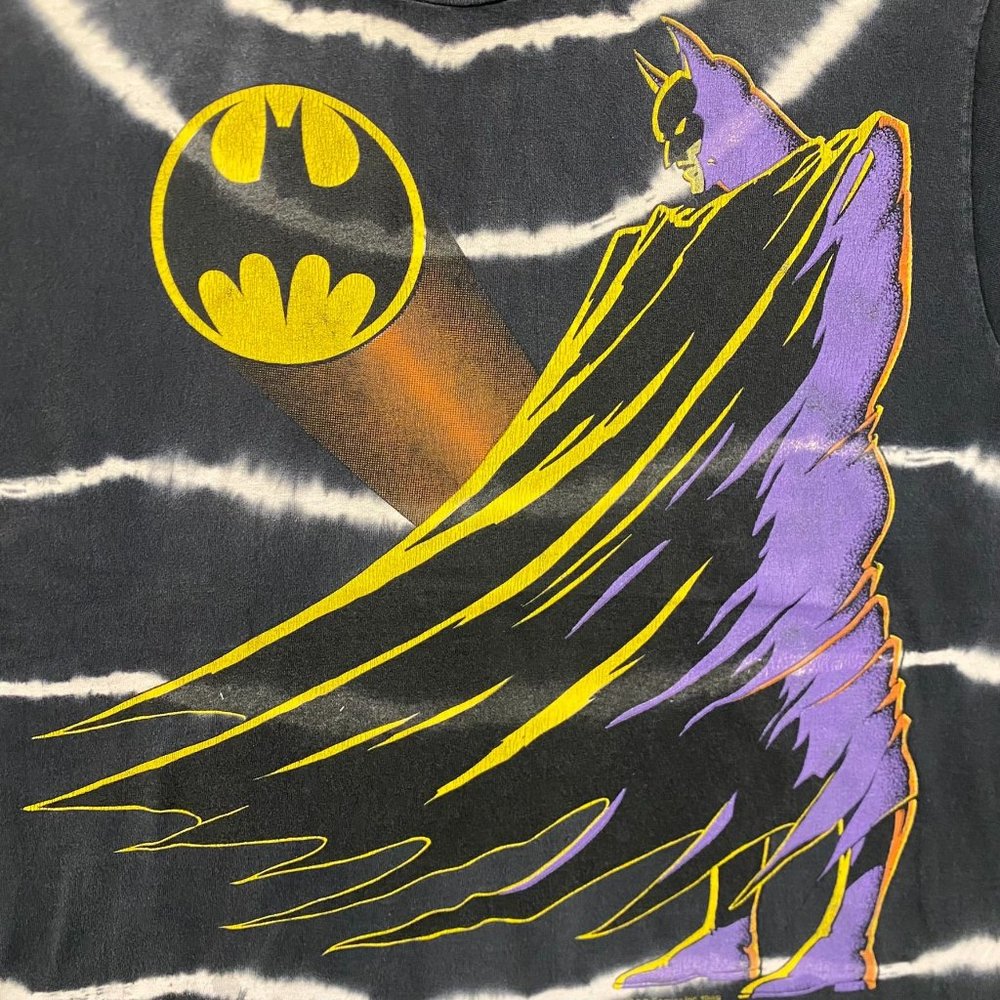 Vintage 80s DC Comics Batman T-Shirt Tie Dye Black XL Single Stitch AOP Grunge - Picture 2 of 5